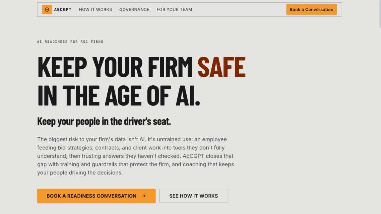 AECGPT website with the headline Keep your firm safe in the age of AI and an invitation to book a readiness conversation.