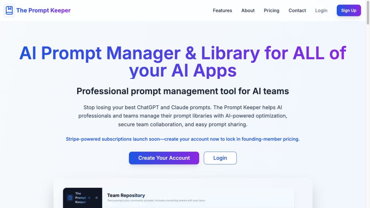 Prompt Keeper's original marketing website introducing its AI prompt manager and library.