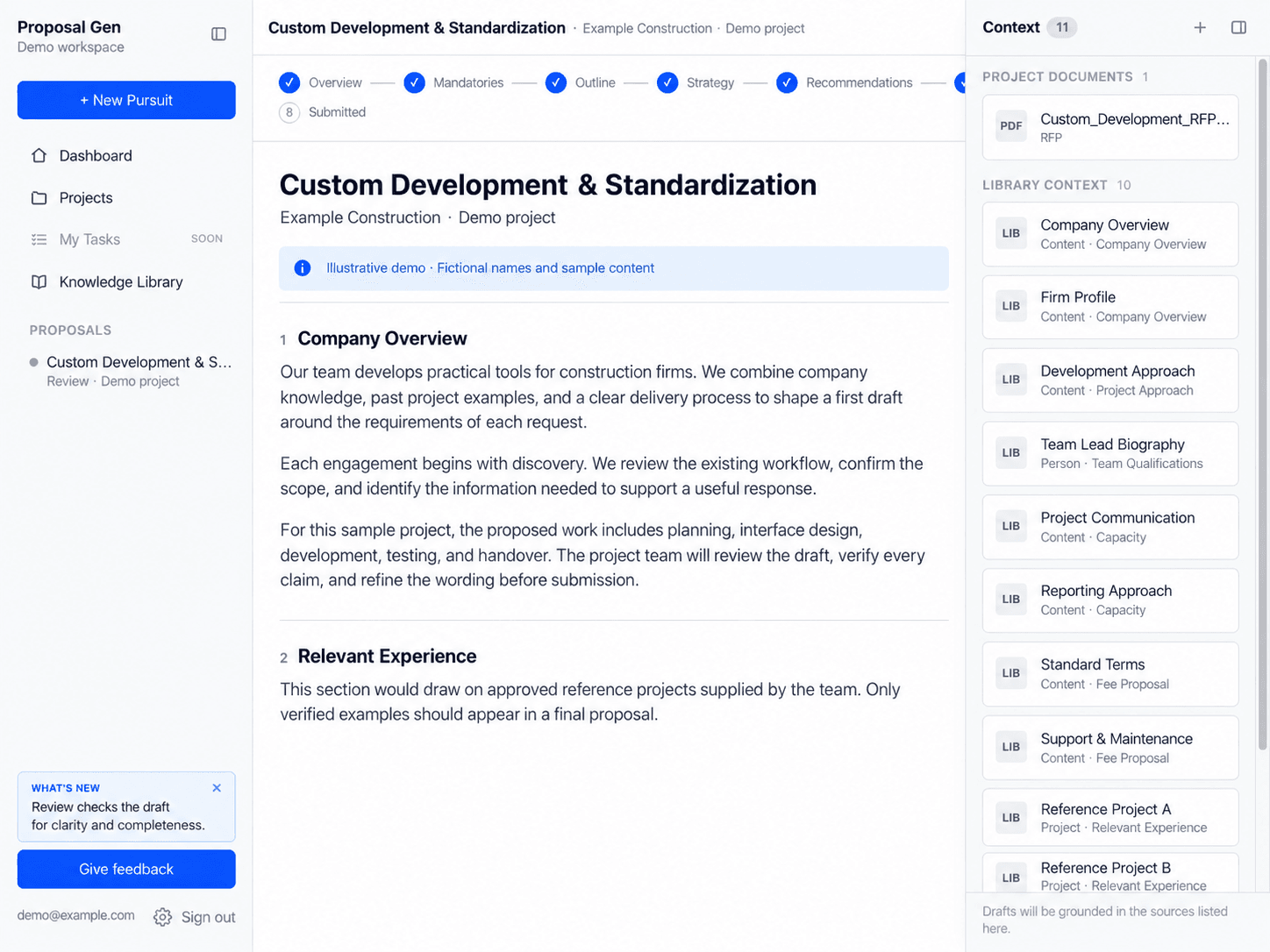 Proposal review interface showing Custom Development & Standardization with fictional company content and reference documents.