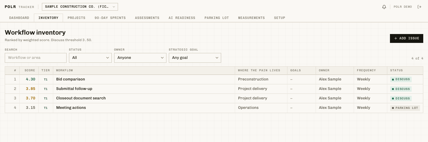 Agree on the next priority. Actual POLR Tracker interface populated with fictional sample records.