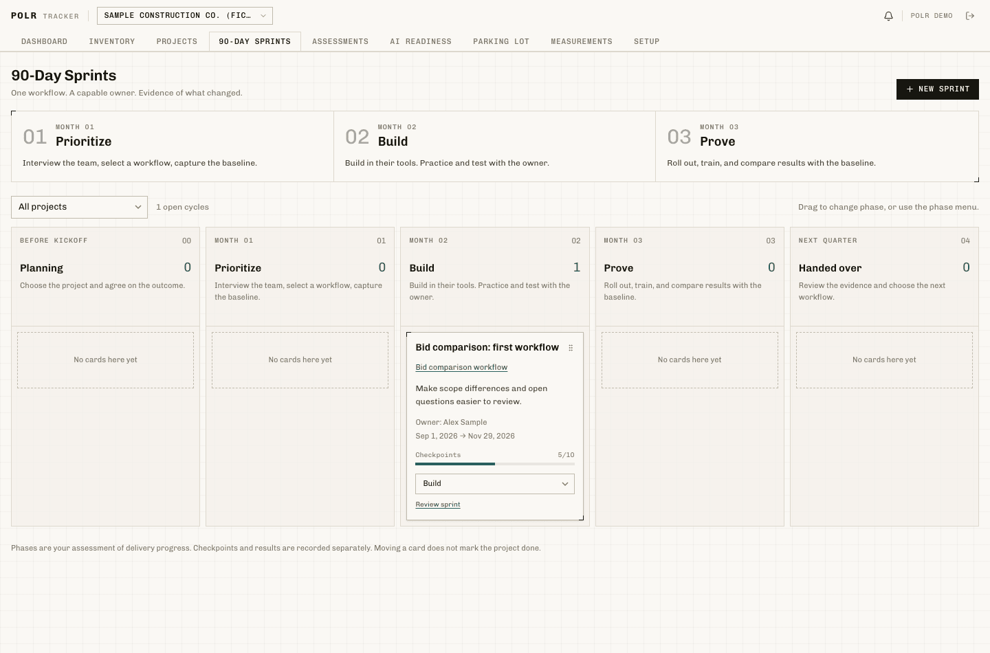Keep delivery and evidence together. Actual POLR Tracker interface populated with fictional sample records.